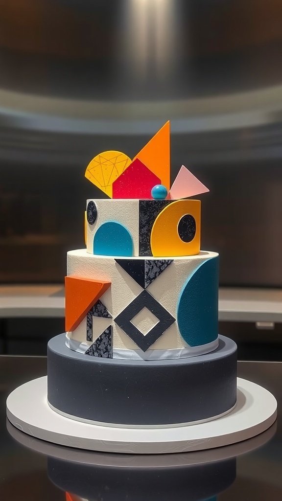 A modern geometric cake design featuring vibrant colors and bold shapes.