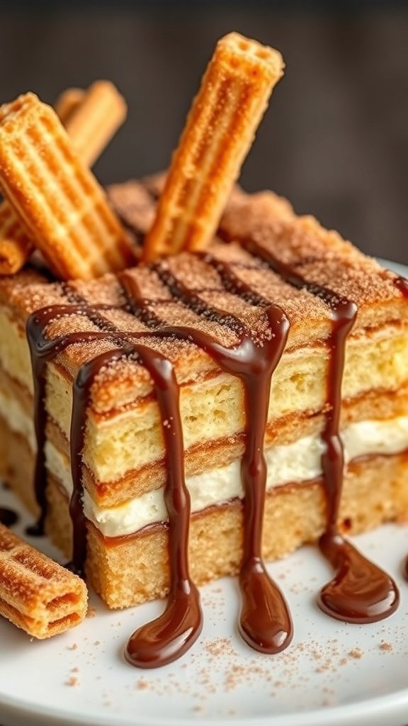 A delicious churro cake topped with crispy churros and drizzled with chocolate sauce.