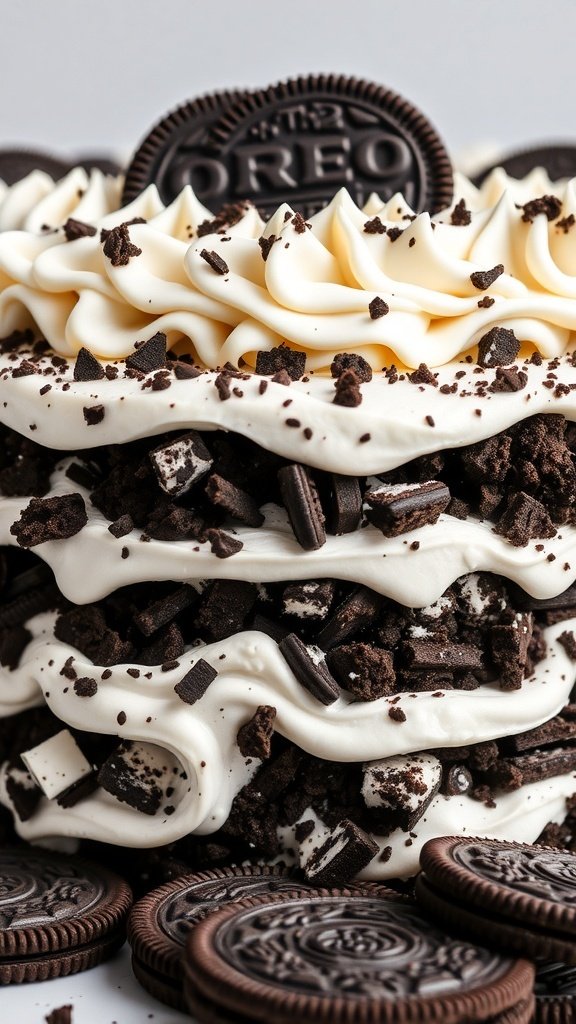 A delicious Oreo cookie cake with whipped topping and crushed Oreos on top.