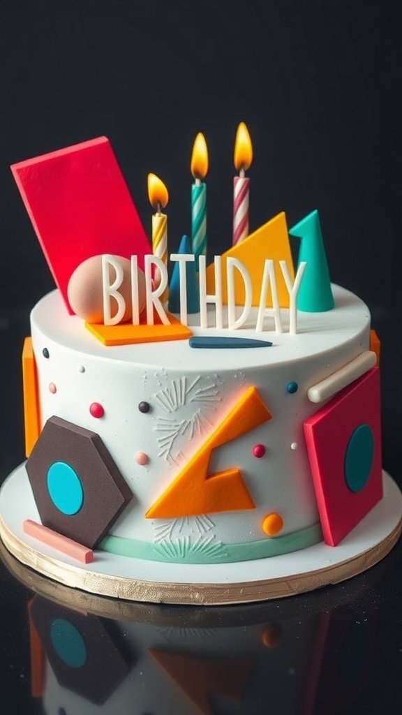 A birthday cake with bold geometric designs featuring colorful shapes and candles.