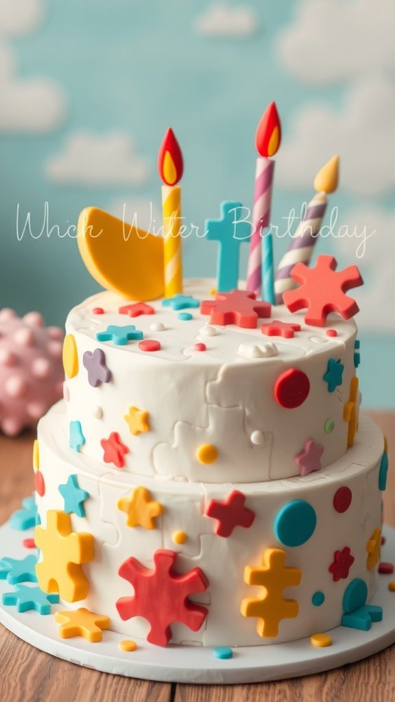 A colorful two-tier birthday cake decorated with puzzle pieces and candles.