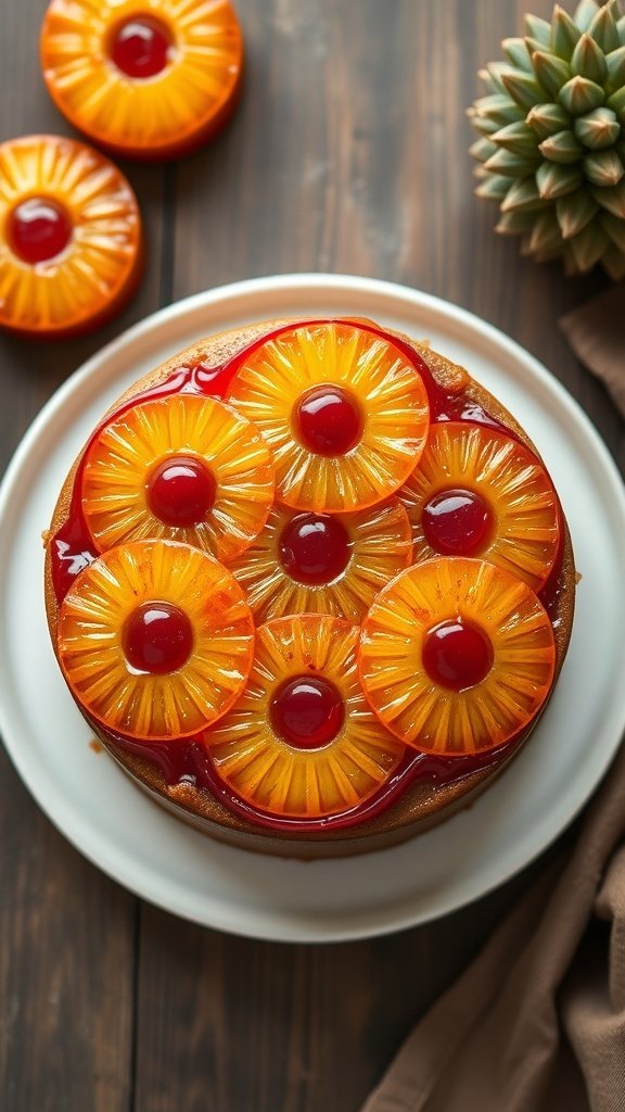 A beautifully decorated pineapple upside down cake with pineapple rings and cherries on a white plate.