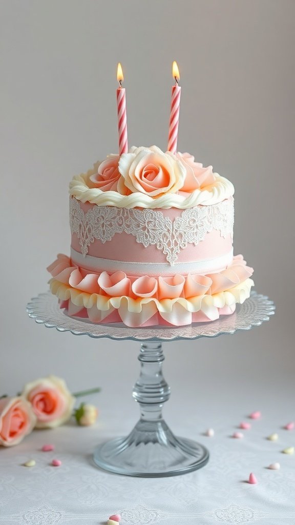 A vintage-style birthday cake with pink frosting, lace detail, ruffles, and rose decorations, topped with two candles.