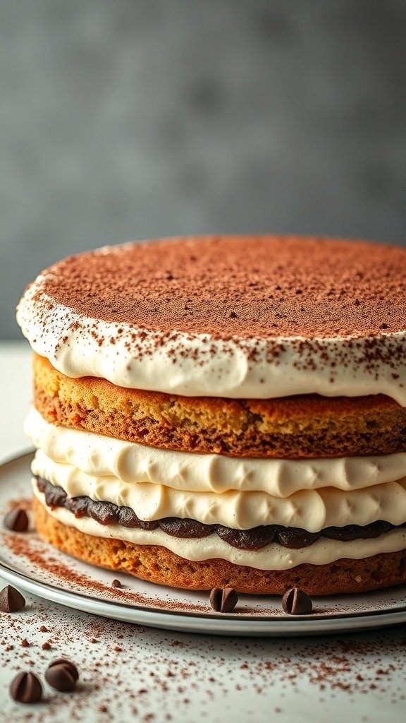 A beautifully layered tiramisu cake with coffee infusion, topped with cocoa powder.