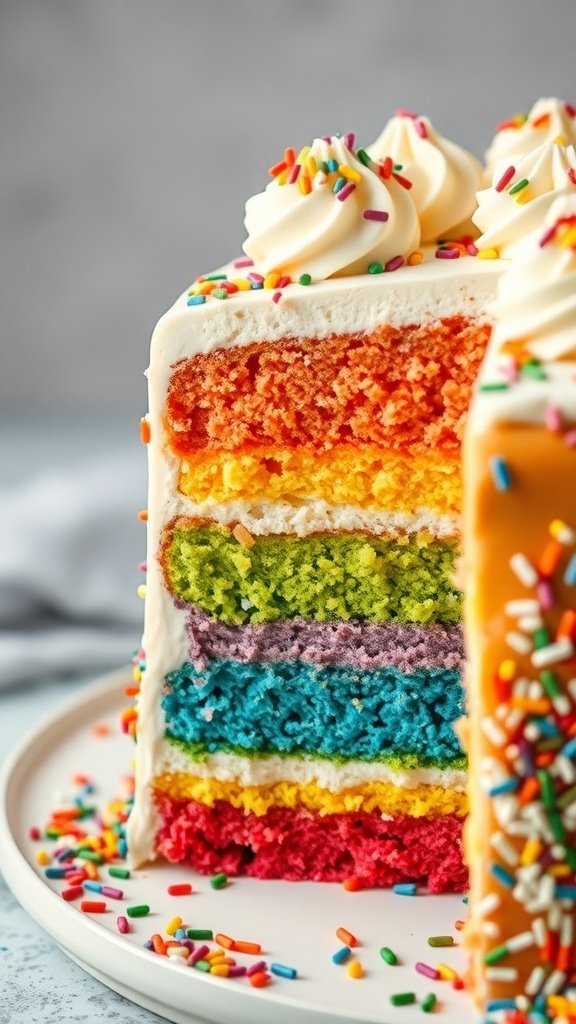 A vibrant rainbow layer cake with red, orange, yellow, green, blue, and purple layers, topped with white frosting and colorful sprinkles.