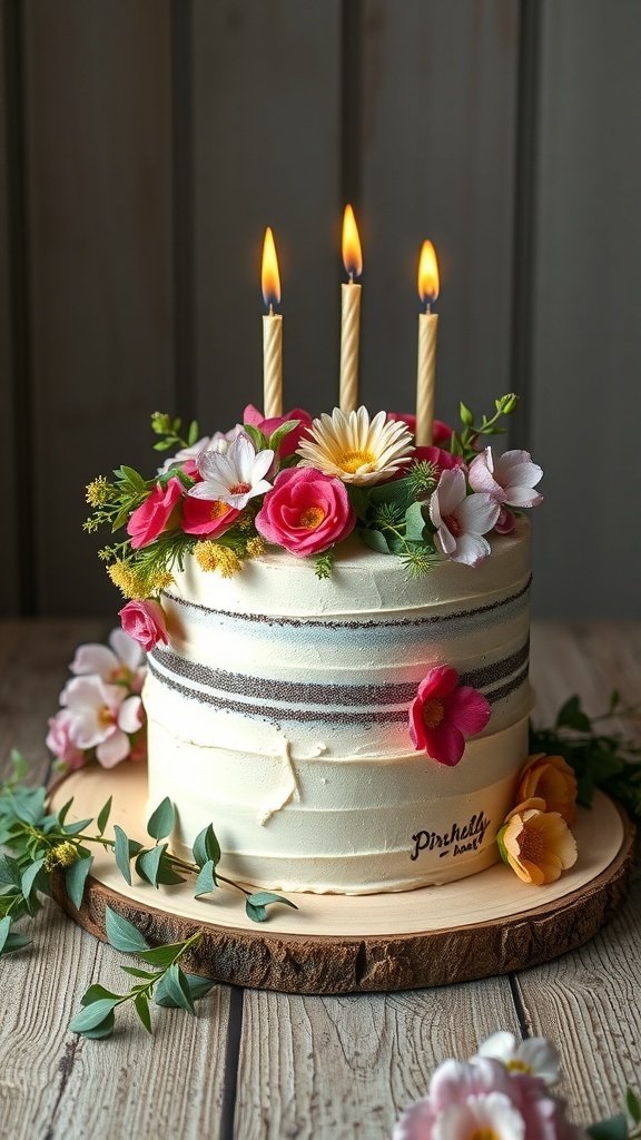 A beautifully decorated birthday cake with floral accents and lit candles.