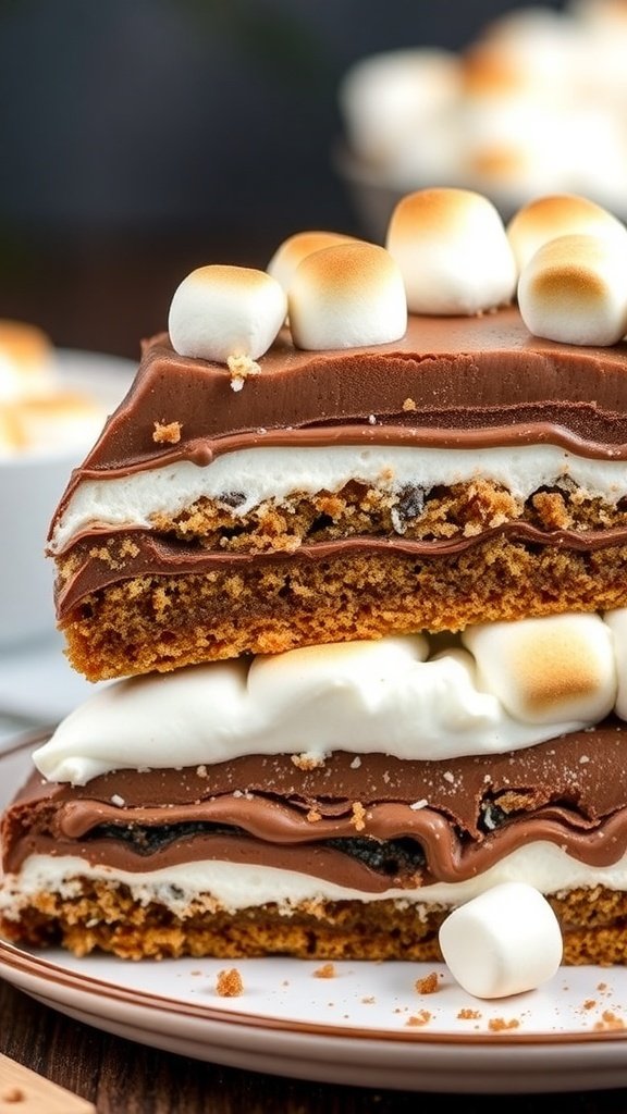 A delicious s'mores cake with layers of chocolate, marshmallow, and graham cracker.