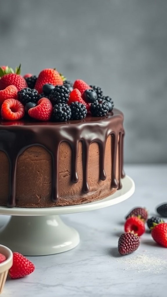 A beautifully decorated chocolate drip cake topped with fresh berries.