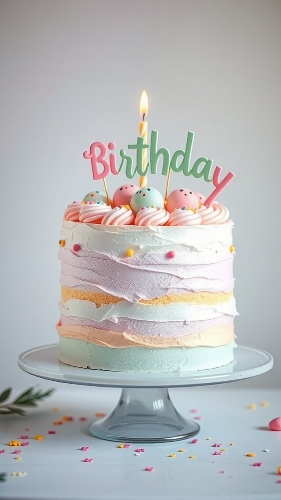 A whimsical birthday cake with pastel layers, topped with a 'Birthday' sign and colorful decorations.