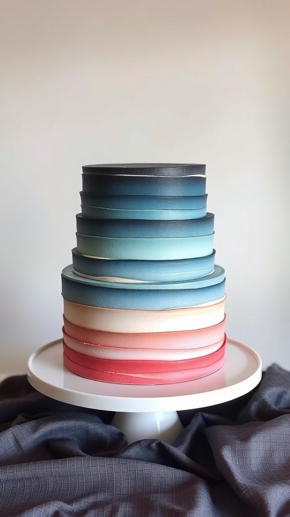 A beautifully designed layered cake with an ombre effect, transitioning from dark blue at the top to light pink at the bottom.