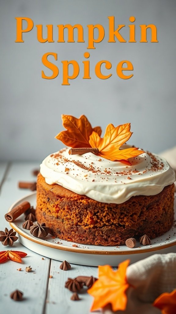 A pumpkin spice cake with cream cheese frosting, decorated with orange leaves and spices.