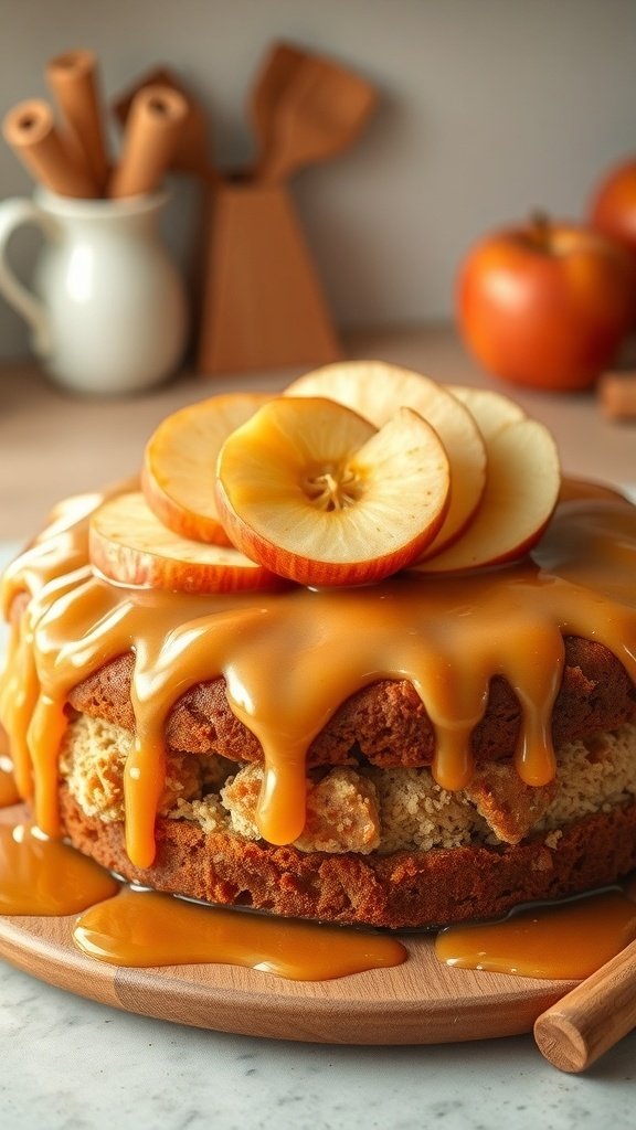 A moist apple cinnamon cake topped with sliced apples and caramel glaze, set on a wooden platter.