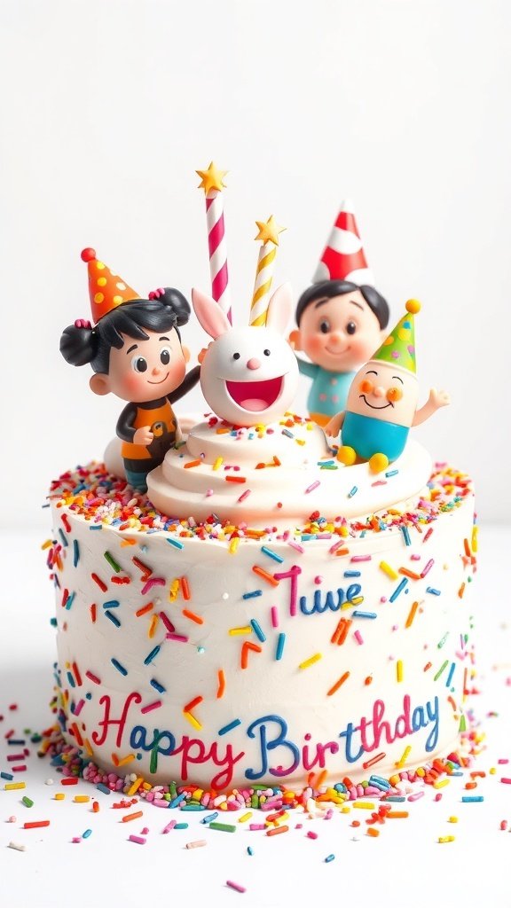 A birthday cake topped with cute cartoon characters, colorful sprinkles, and candles.