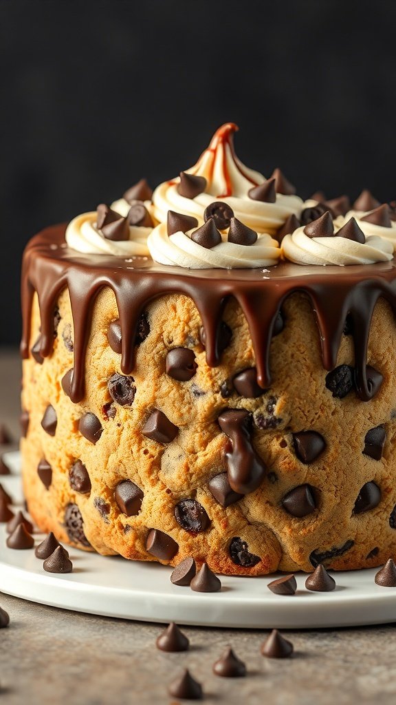 A delicious chocolate chip cookie cake topped with chocolate ganache and mini chocolate chips.
