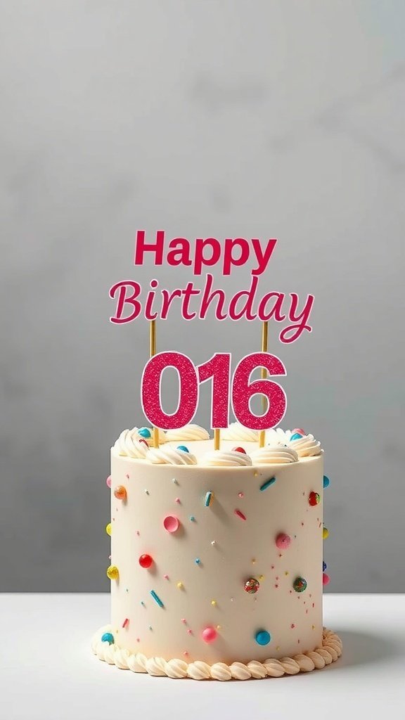 A birthday cake with a pink topper that says 'Happy Birthday 016' and colorful sprinkles.