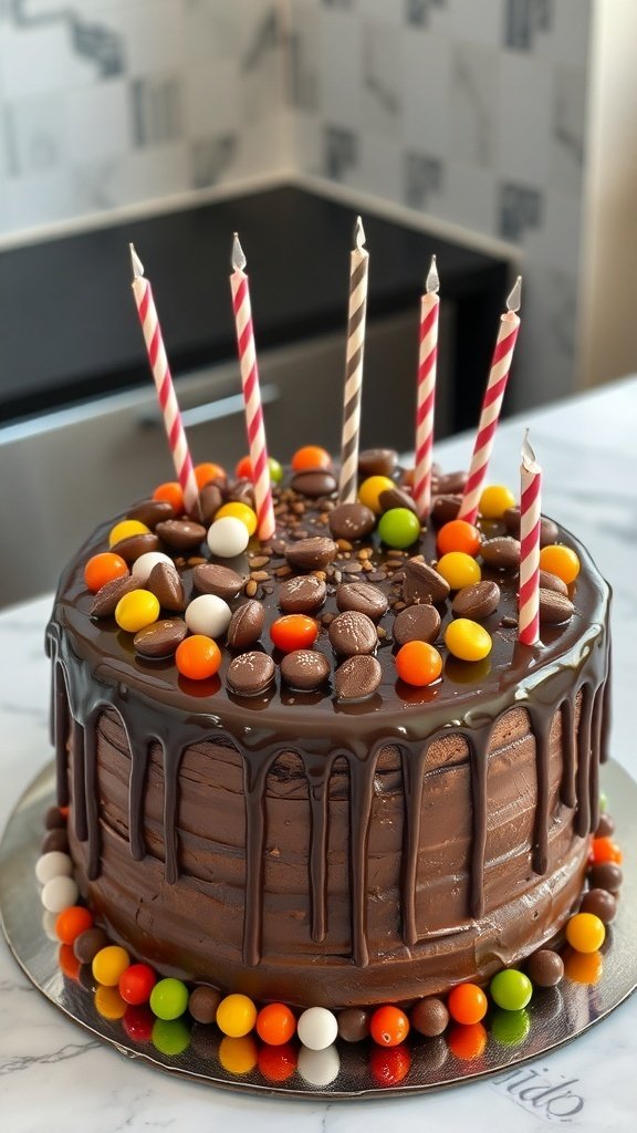 A beautifully decorated chocolate birthday cake with colorful candies and candles on top.