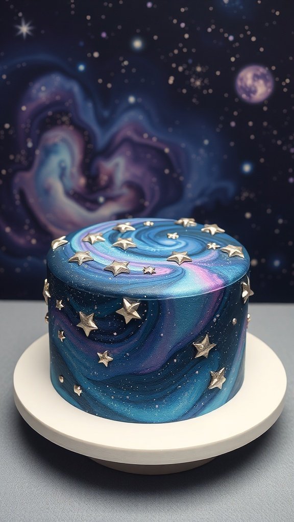 A beautifully designed galaxy-themed cake with swirls of blue and purple, adorned with silver stars.