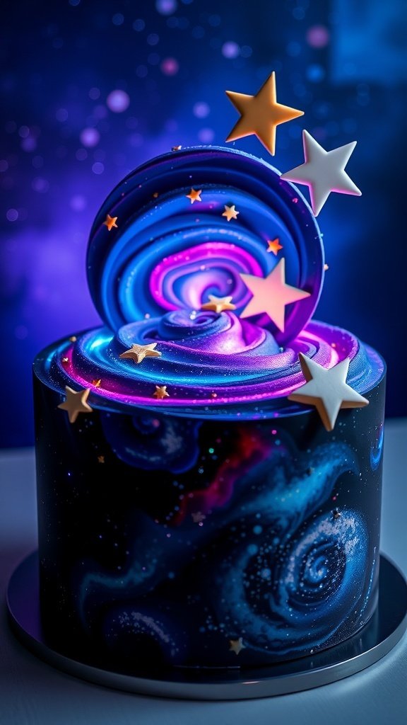 A beautifully decorated galaxy cake with swirls of blue and purple frosting, topped with star-shaped decorations.