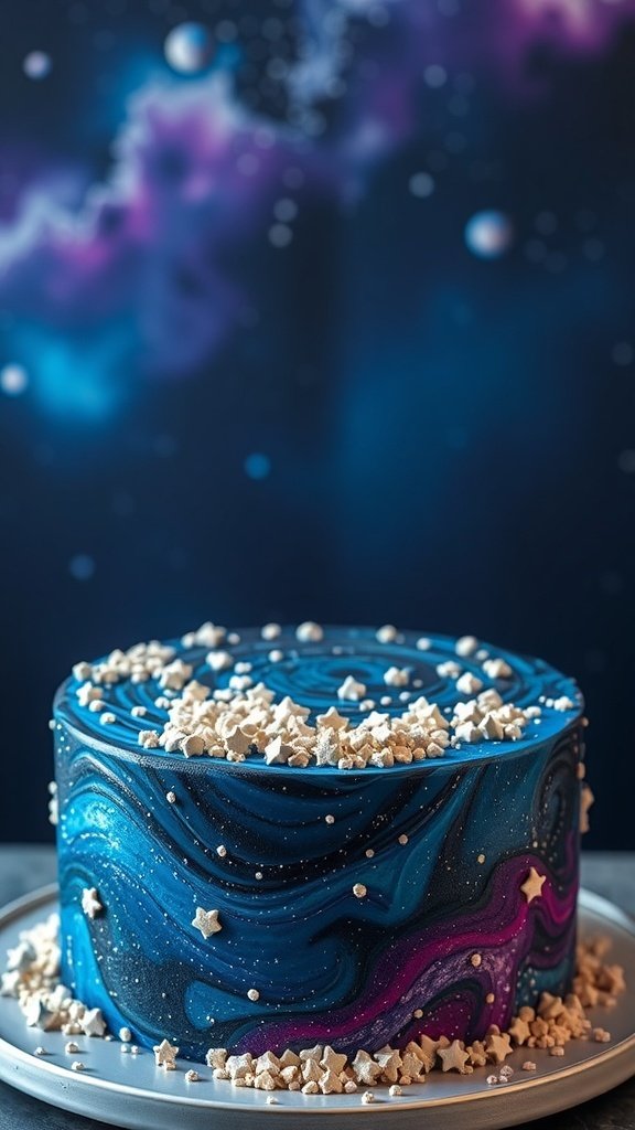 A galaxy themed birthday cake with swirling blue and purple icing, topped with edible stars and sparkles.