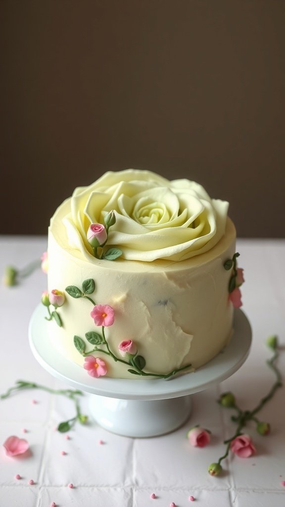 A beautifully decorated pistachio rose cake with a large buttercream rose on top and small pink flowers around it.