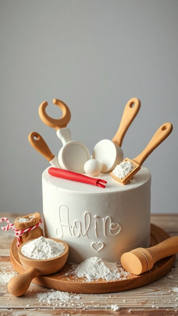 A cake decorated with baking tools and the name Aalin