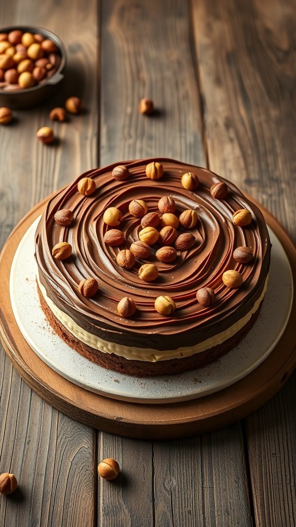 A beautifully decorated Nutella Swirl Cake with chocolate frosting and hazelnuts on a wooden table.
