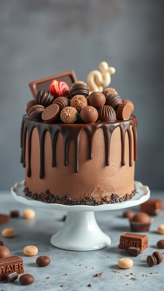 A beautifully decorated chocolate drip cake topped with various chocolates and a rich chocolate ganache.