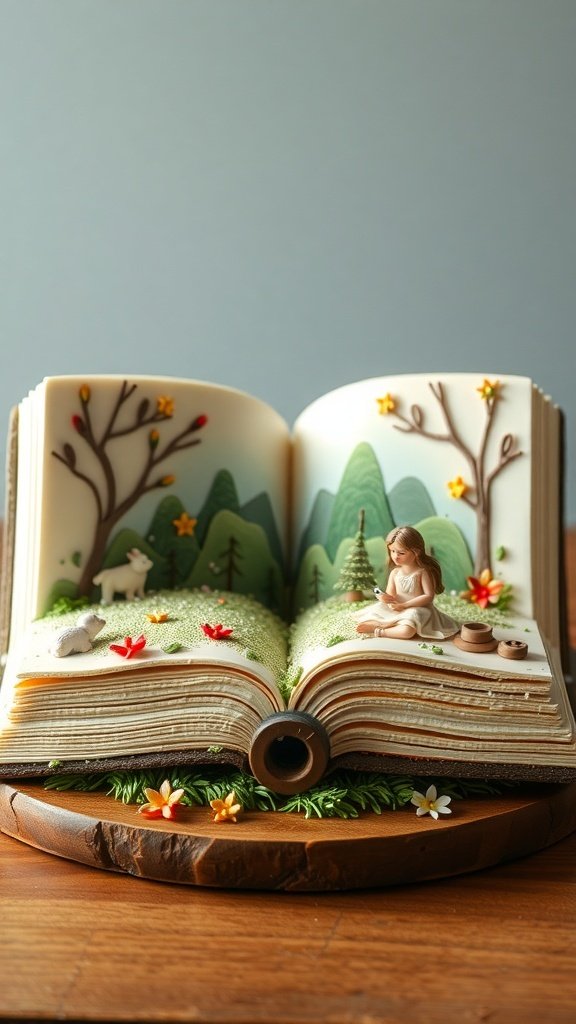 A beautifully crafted cake resembling an open fairy tale book with a scenic design.