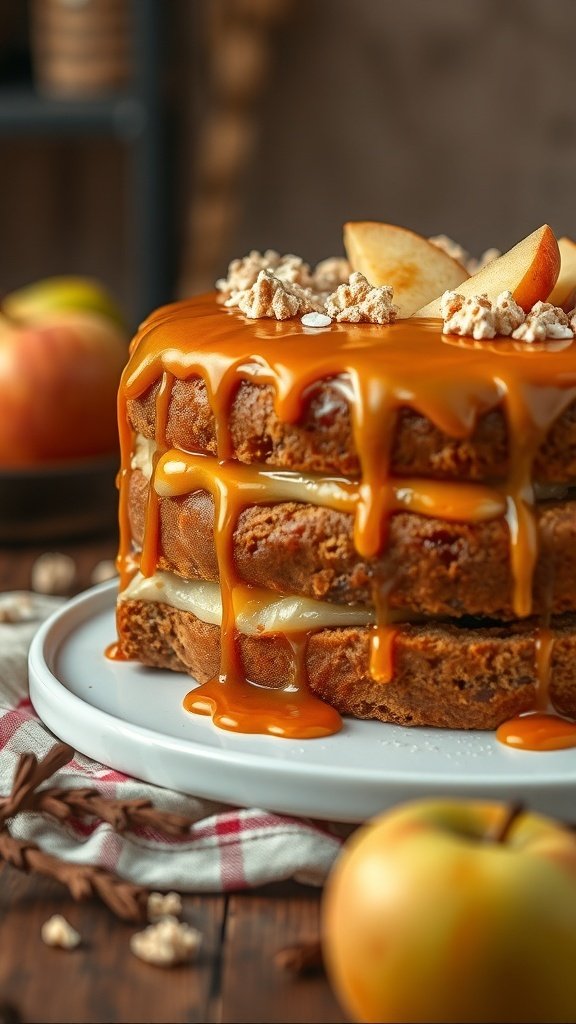 A layered caramel apple cake topped with caramel sauce and apple slices.