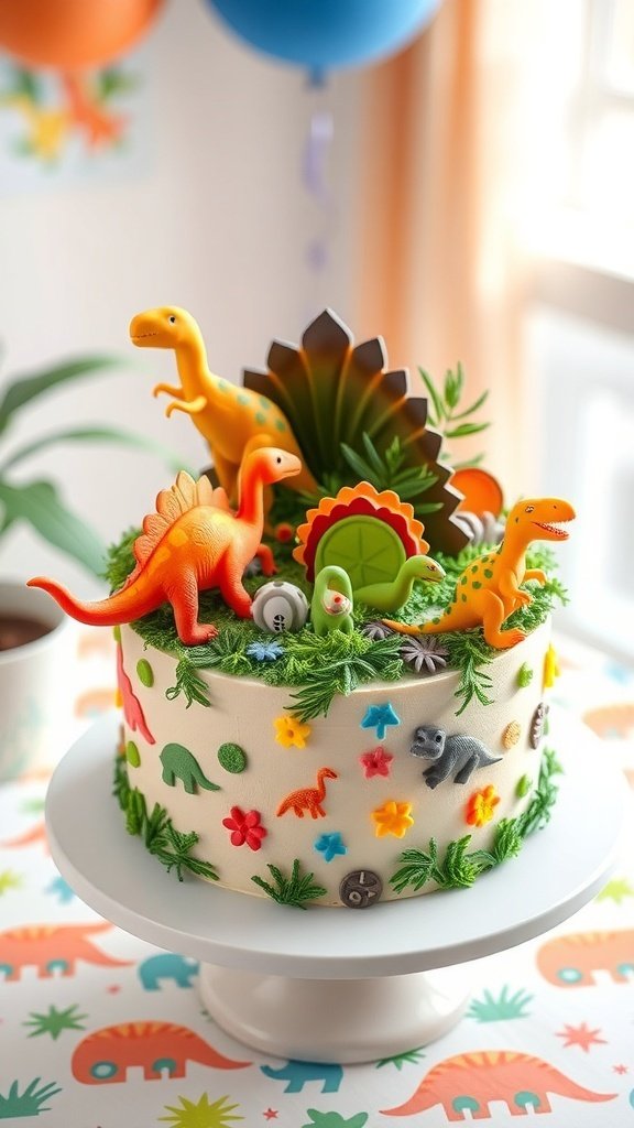 A colorful dinosaur cake decorated with edible dinosaur figures and flowers.