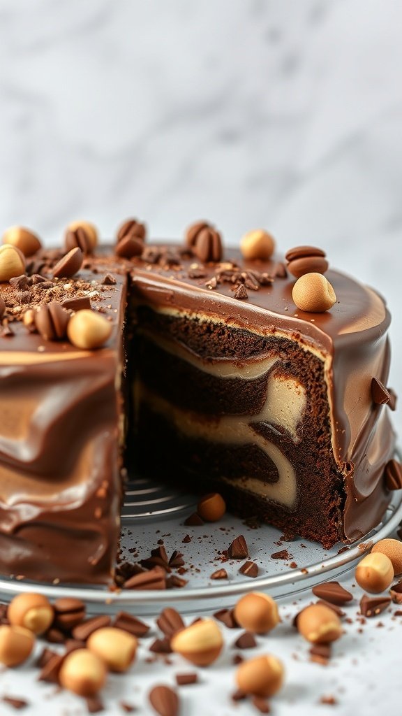 A rich chocolate cake with Nutella swirls, topped with chocolate ganache and hazelnut candies.