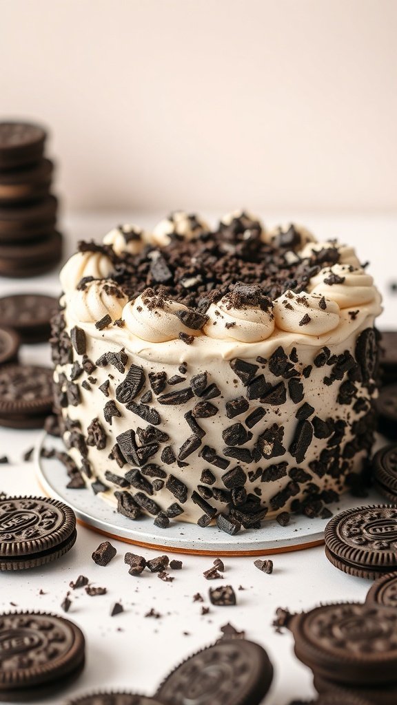 A beautifully decorated Oreo Cookie Cake surrounded by Oreo cookies.