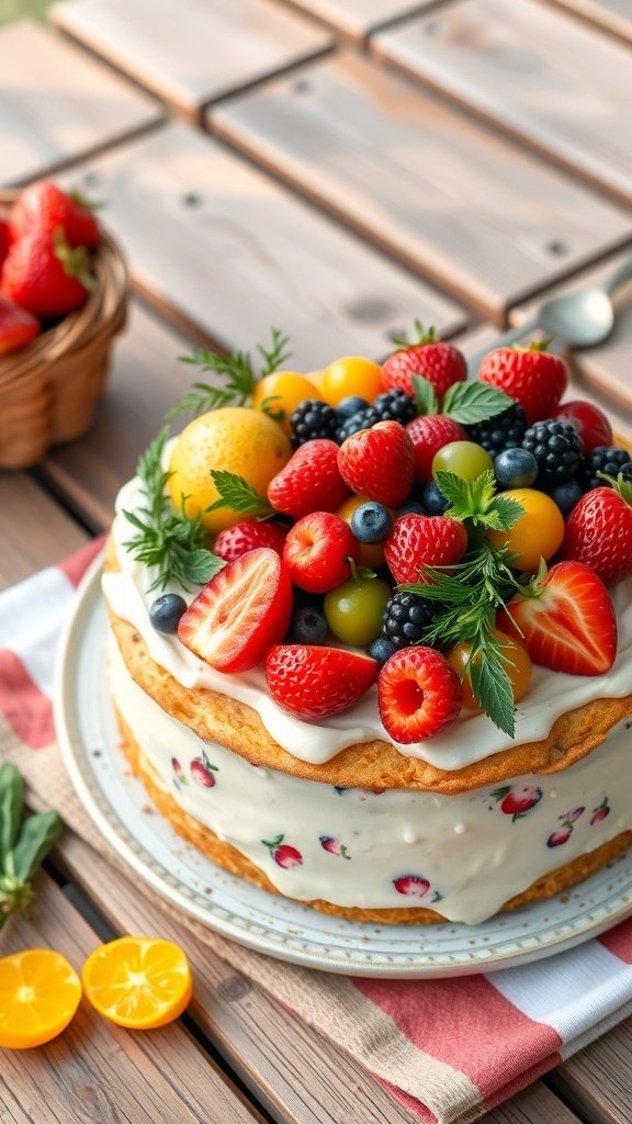 A beautifully decorated cake topped with fresh fruits and herbs, placed on a wooden table.