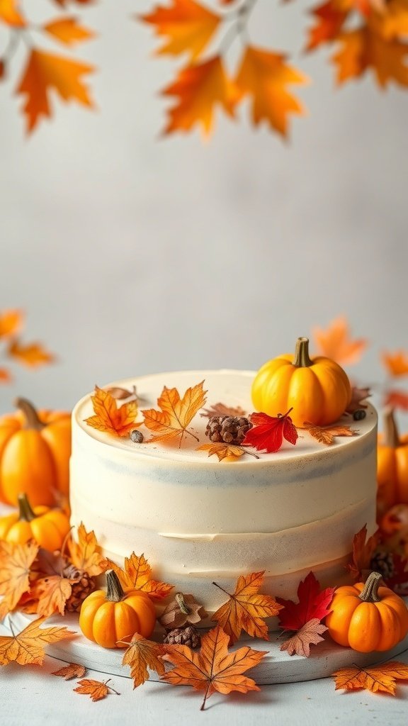 A beautifully decorated Seasonal Harvest Cake with pumpkins and autumn leaves.