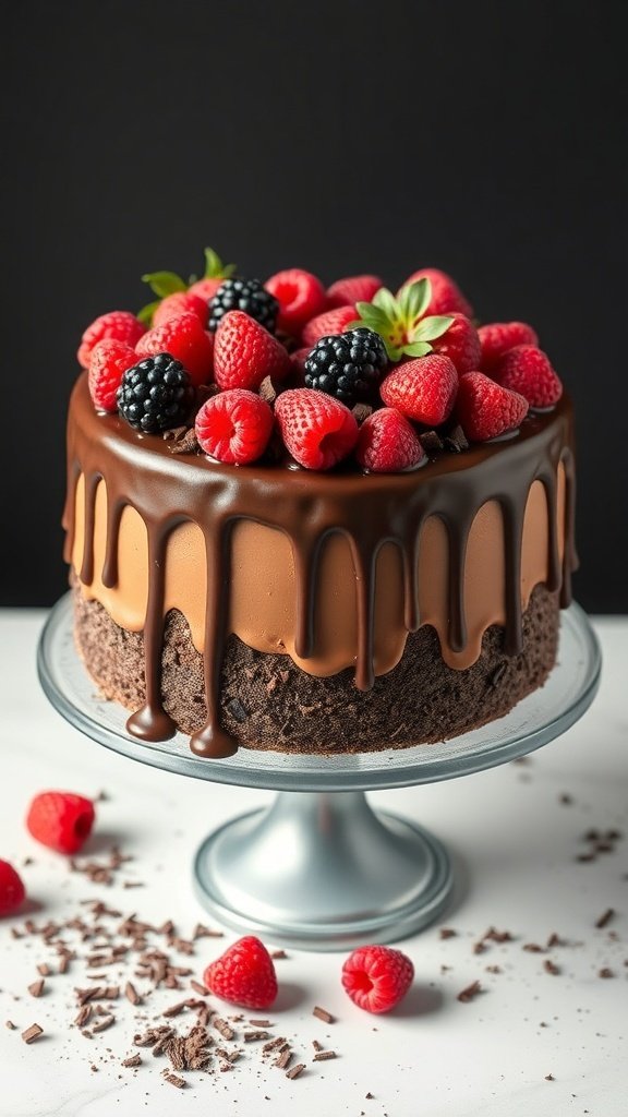 A delicious Chocolate Ganache Drip Cake topped with fresh berries