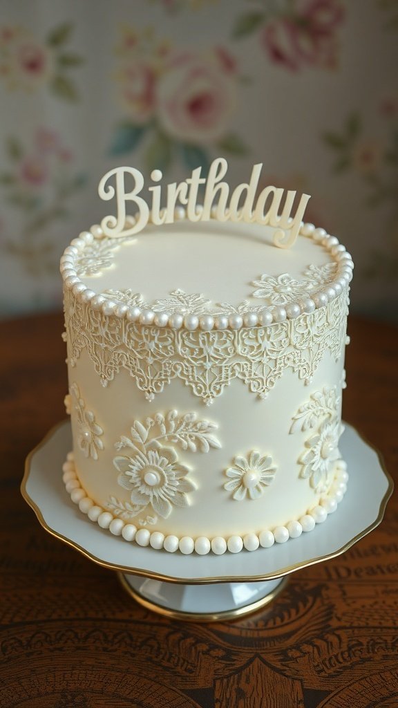 A vintage-style birthday cake with lace and pearl decorations.