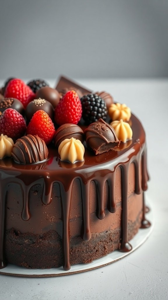 A beautifully decorated chocolate drip cake topped with fresh berries and chocolate treats.