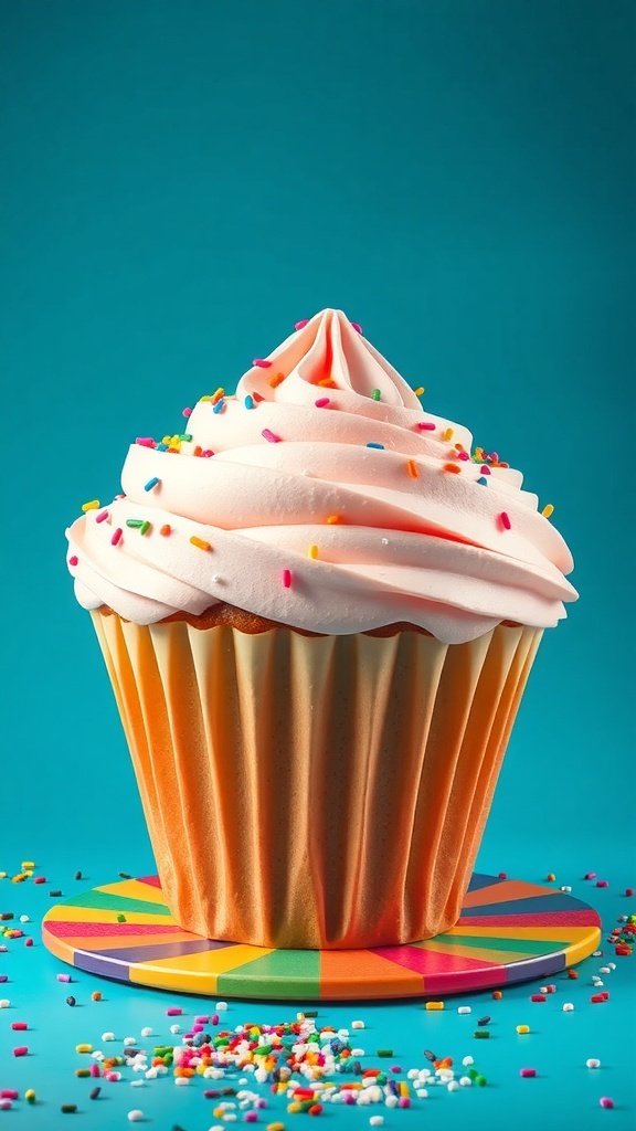 A giant cupcake cake with pink frosting and colorful sprinkles on a bright background.