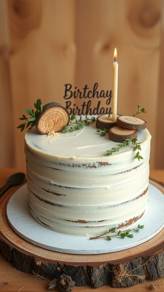 A rustic birthday cake with natural elements, topped with wooden decorations and greenery.
