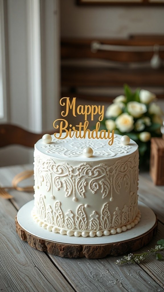 A vintage-style birthday cake with lace design and pearl decorations, topped with a 'Happy Birthday' sign.