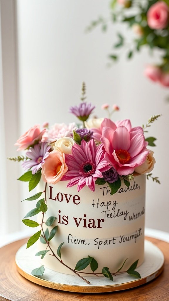 A beautifully decorated cake with floral arrangements and a heartfelt message.