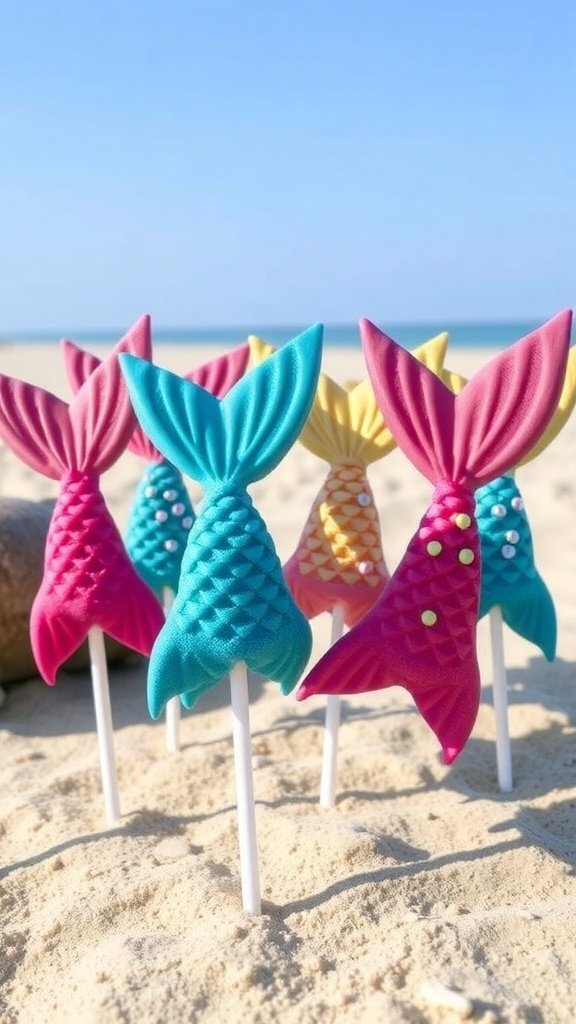 Colorful mermaid tail cake pops on a sandy beach