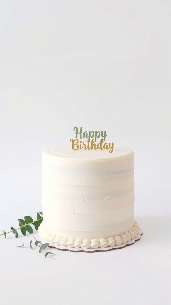 A minimalist white birthday cake with a 'Happy Birthday' topper and a sprig of greenery.