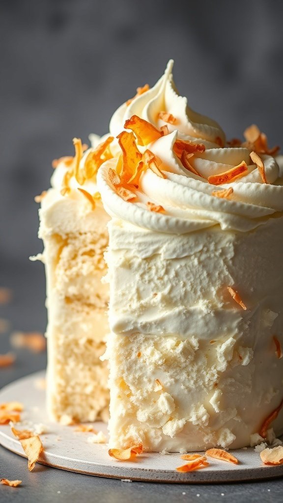 A coconut cream cake with toasted coconut flakes on top, showcasing a slice cut out.