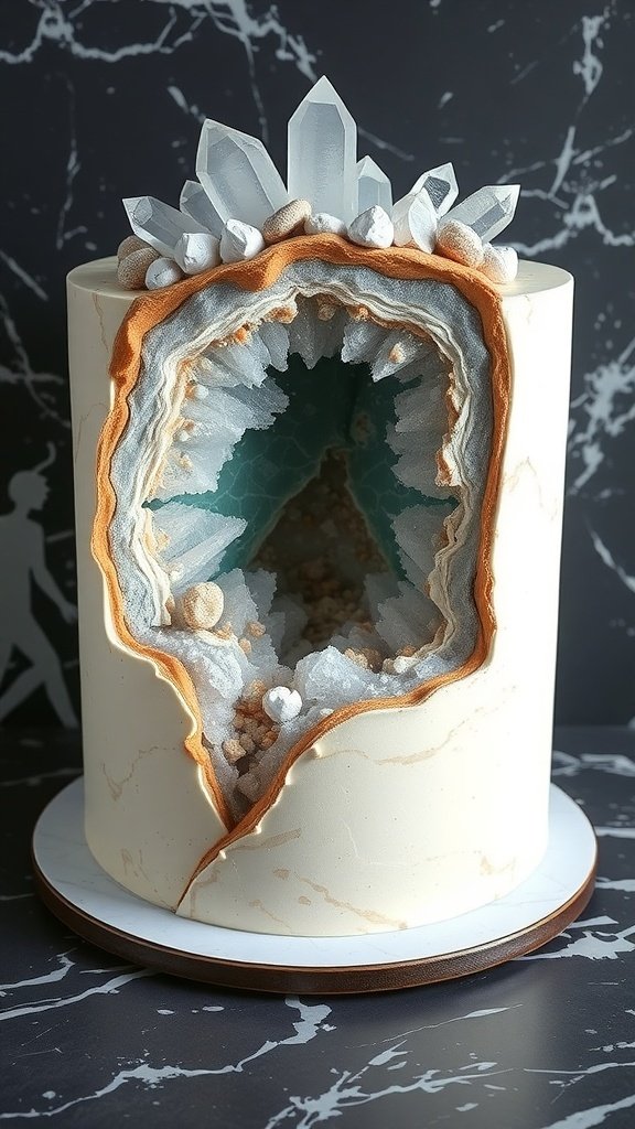 A beautifully designed geode cake with crystal accents, featuring a marbled exterior and vibrant inner colors.