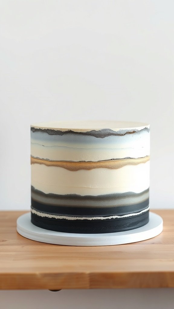 A minimalist monochrome layered cake with soft color transitions.
