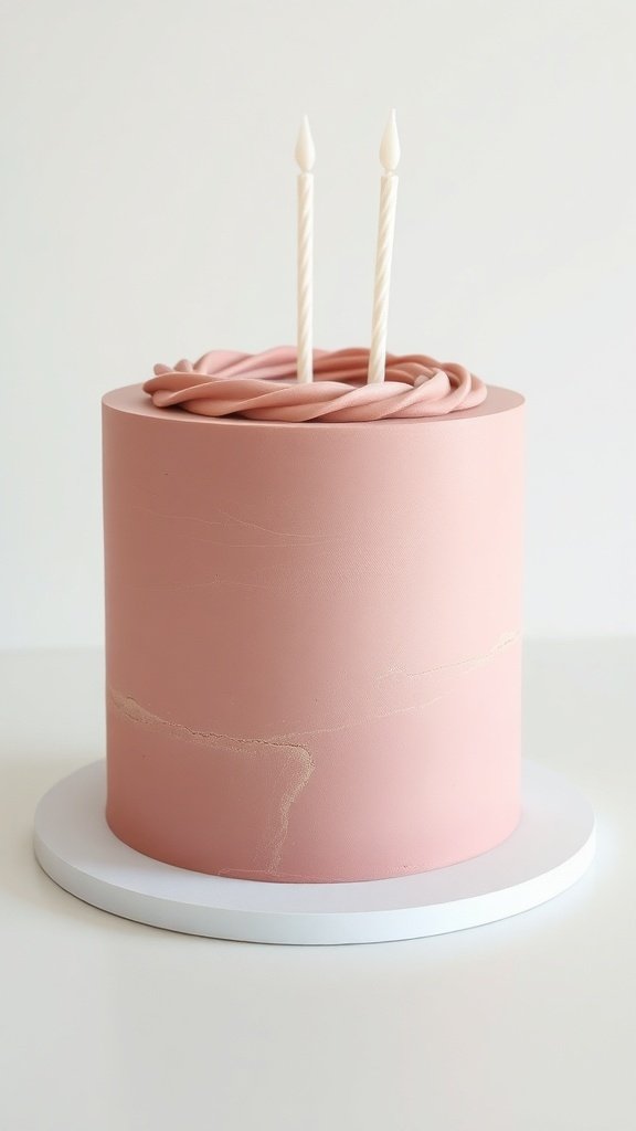 A minimalist pink birthday cake with two candles on top.