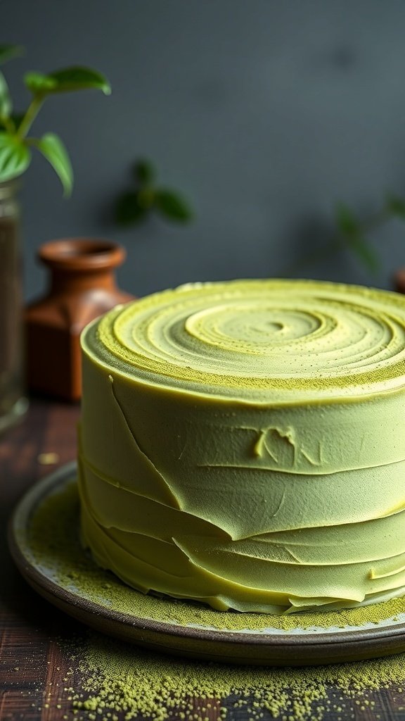A beautifully frosted matcha green tea cake on a wooden table
