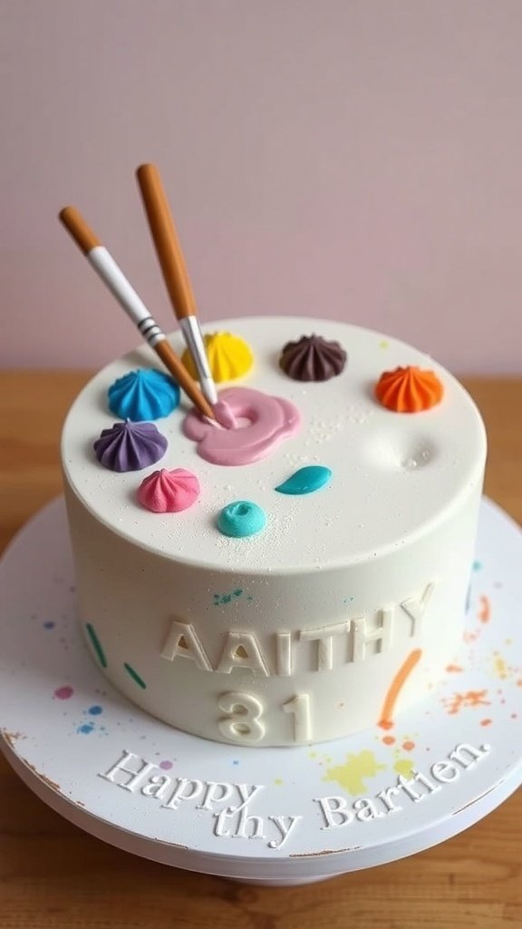 A cake designed like an artist's palette with colorful frosting and paintbrushes on top.