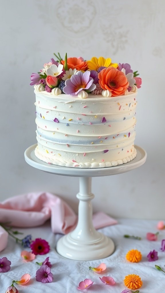 A beautifully decorated birthday cake topped with colorful flowers, set on a white cake stand.